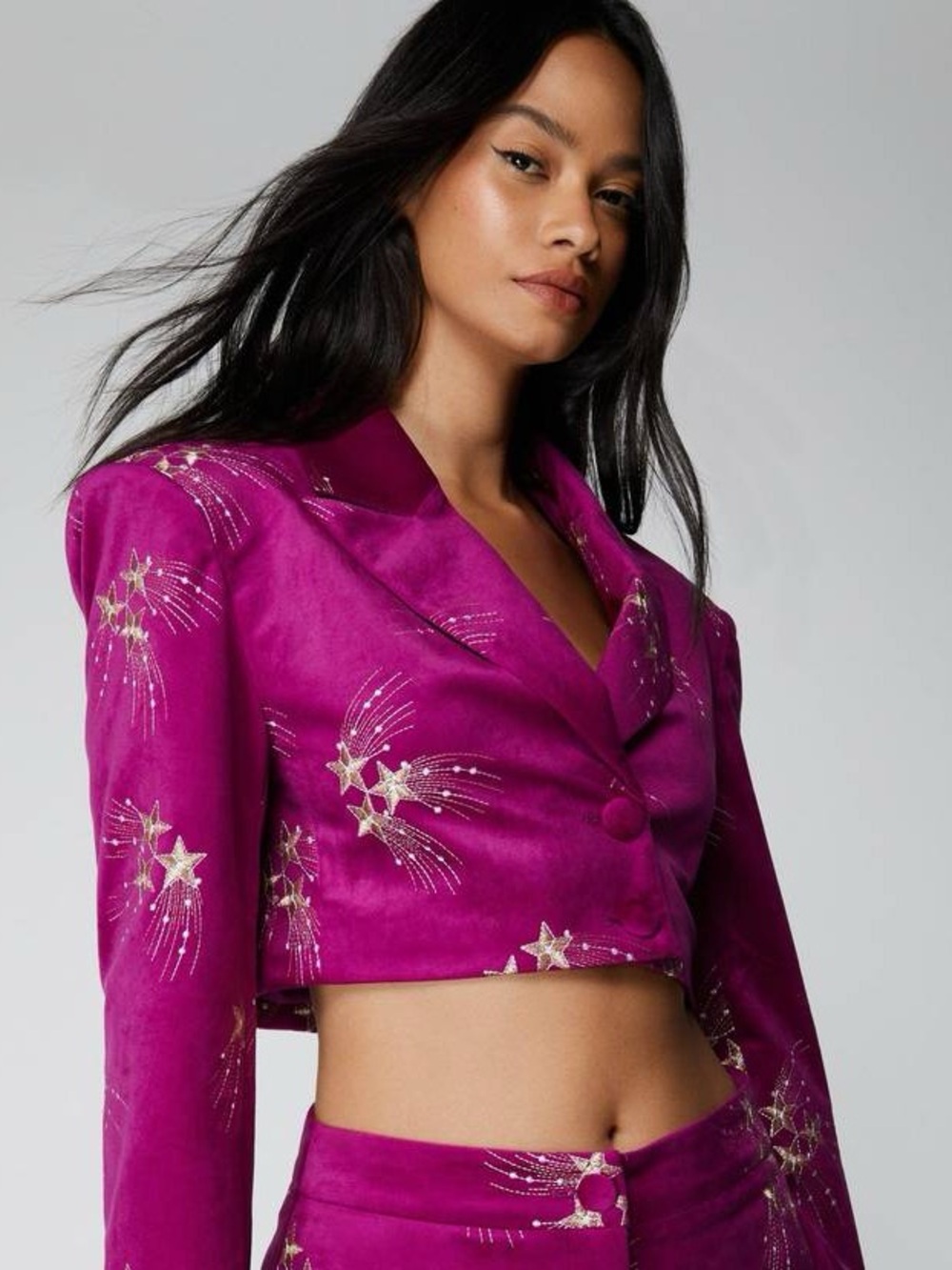 Nasty Gal Fuchsia Cropped Blazer with Gold Star Embroidery